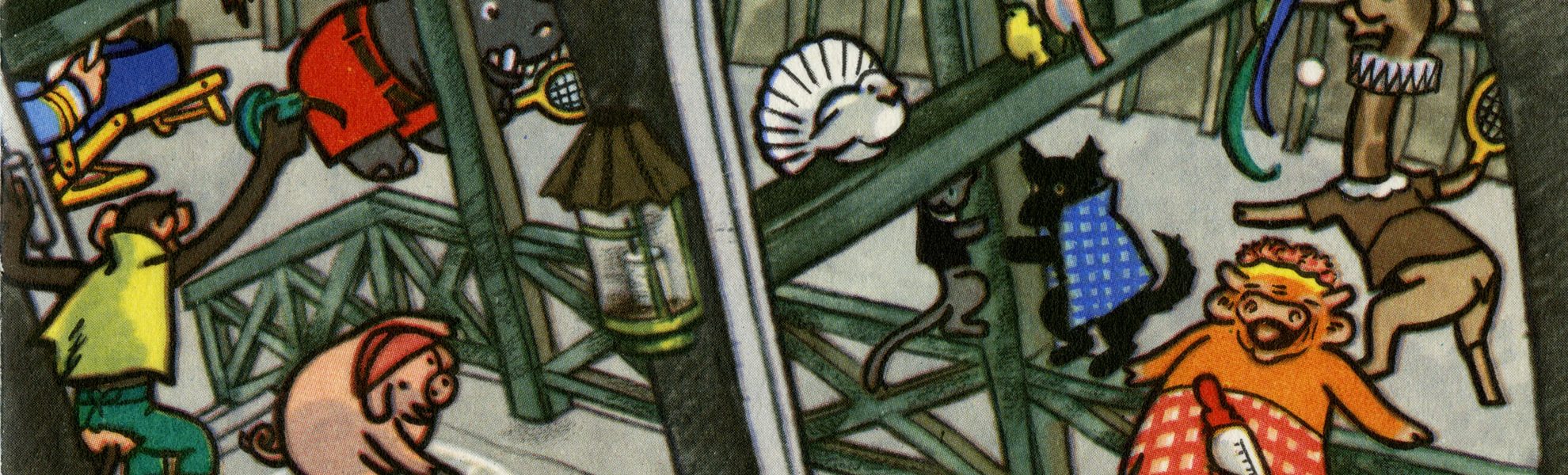 Illustration de menu représentant des animaux en train de jouer sur le pont d'un navire.