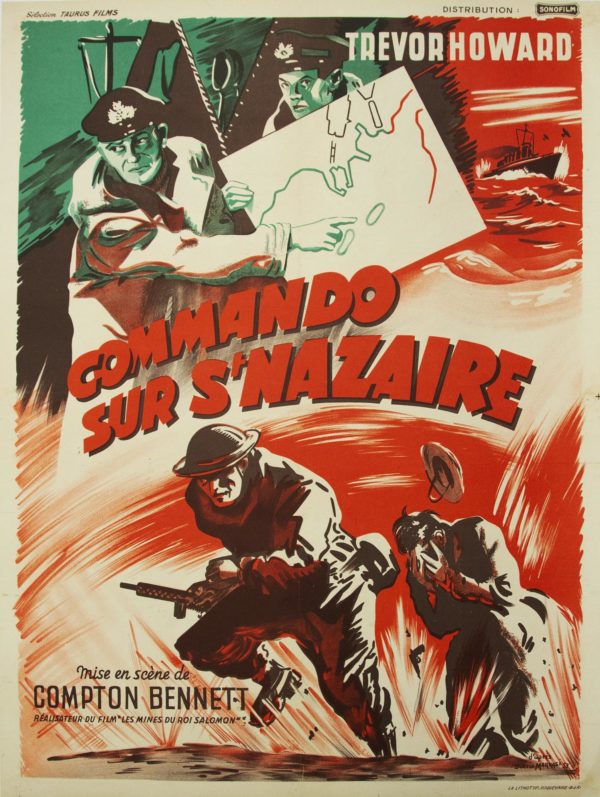 Affiche du film "Commando sur Saint-Nazaire" réalisé par Compton Bennett et sorti au cinéma en 1952, inspiré par l'opération Chariot.