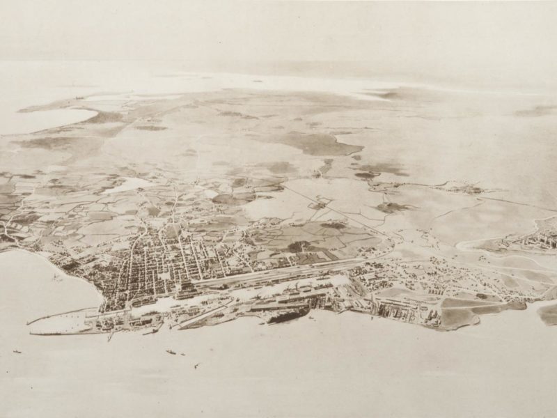 Lavis représentant une vue panoramique de la ville de Saint-Nazaire en 1933