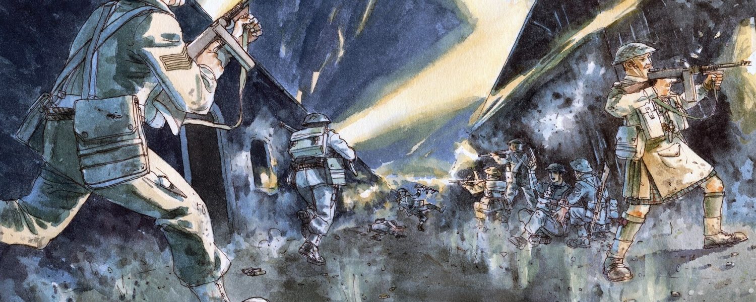 Illustration du dessinateur Benoît Blary représentant des commandos courrant entre des entrepôts la nuit lors de l'opération Chariot.
