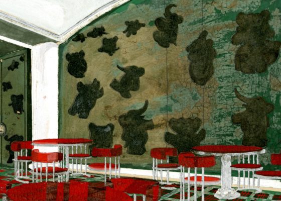 Détail d'une gouache représentant une salle à manger pour enfants avec des meubles rouges et des murs verts recouverts de Babar et autres éléphants pour le paquebot Normandie (1935).