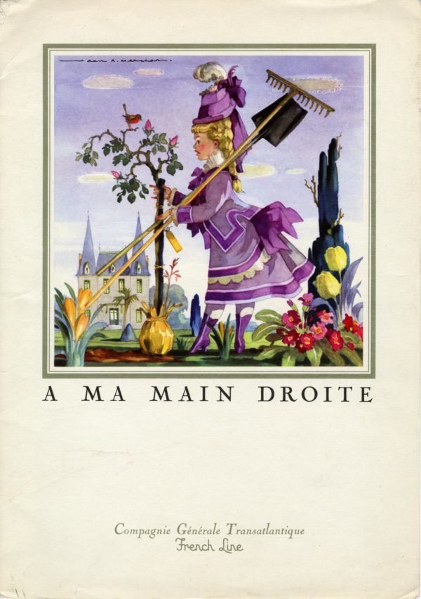 Couverture d'un menu avec une illustration de Jean-Adrien Mercier représentant une enfant plantant un rosier dans un jardin avec au loin un château.