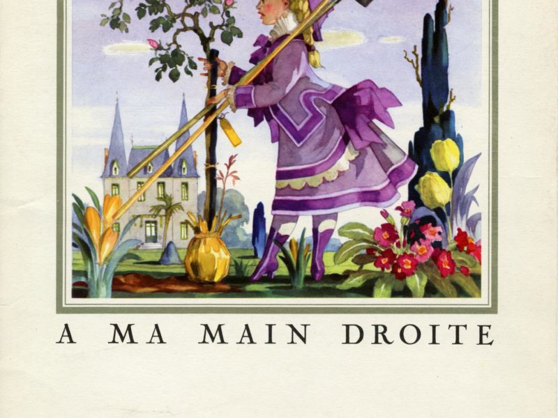 Couverture d'un menu avec une illustration de Jean-Adrien Mercier représentant une enfant plantant un rosier dans un jardin avec au loin un château.