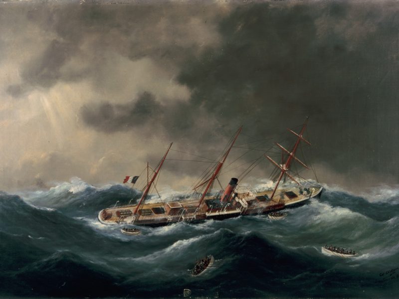 Huile sur toile représentant le naufrage du paquebot Ville de Saint-Nazaire (1871).