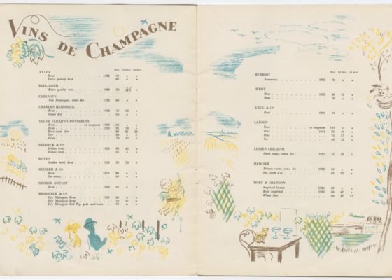 Vue intérieure d'une carte des vins du paquebot Normandie (1935).
