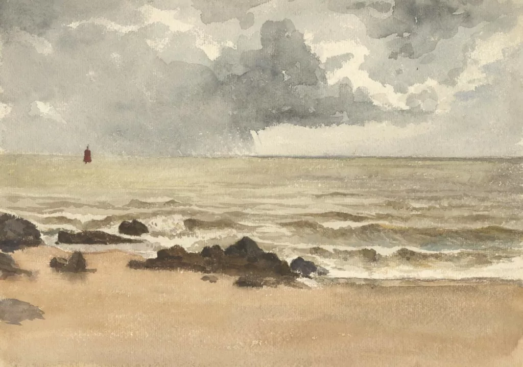 Aquarelle représentant les vagues s'échouant sur la plage de Villès-Martin avec une averse et des nuages sombres en arrière-plan.