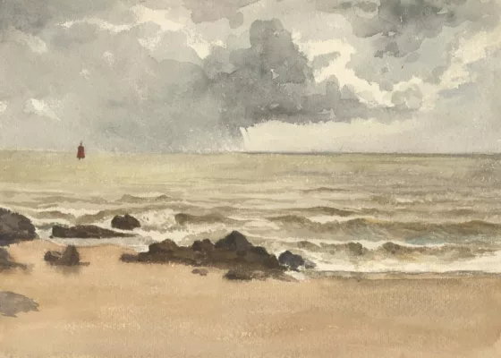 Aquarelle représentant les vagues s'échouant sur la plage de Villès-Martin avec une averse et des nuages sombres en arrière-plan.