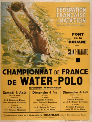 Affiche de la Fédération Française de Natation pour un tournoi de water-polo. Sur l'affiche les dates des matchs et un dessin d'un joueur de water-polo en pleine action.