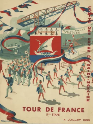 Couverture du programme du comité des fêtes de Saint-Nazaire édité pour la 9ème étape du Tour de France. Sur l'affiche en arrière plan, une grue. Au centre, le blason de la ville de Saint-Nazaire. Au premier plan, une fanfare, les fêtes de la gymnastique et l'arrivée du Tour de France.