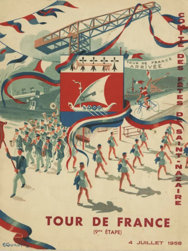 Couverture du programme du comité des fêtes de Saint-Nazaire édité pour la 9ème étape du Tour de France. Sur l'affiche en arrière plan, une grue. Au centre, le blason de la ville de Saint-Nazaire. Au premier plan, une fanfare, les fêtes de la gymnastique et l'arrivée du Tour de France.