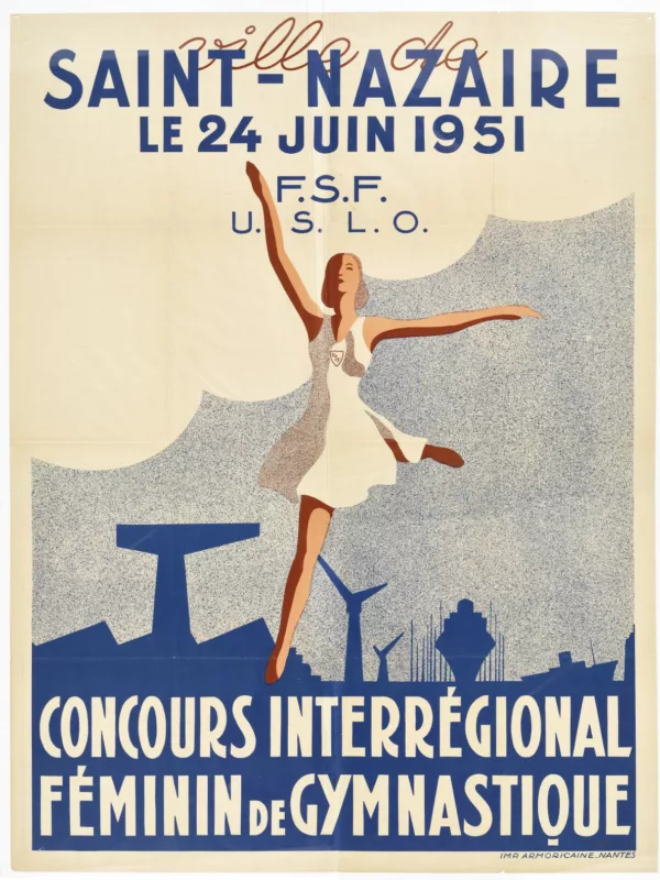 Affiche du concours interrégional féminin de gymnastique du 24 juin 1951. Au cœur de l'image une gymnaste et en arrière plan des évocations des chantiers navales de la ville de Saint-Nazaire (grues, navires, entrepôts...)