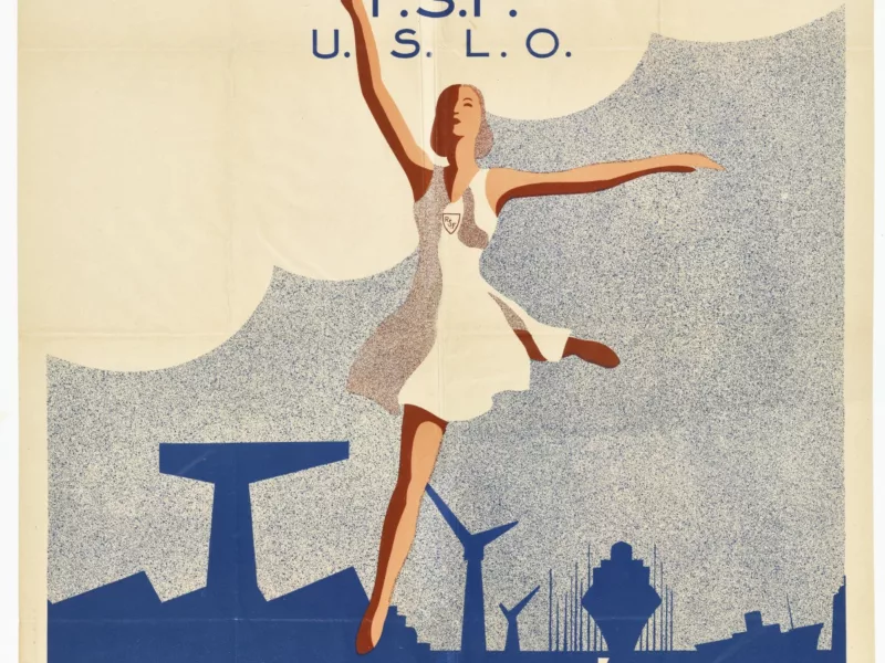 Affiche du concours interrégional féminin de gymnastique du 24 juin 1951. Au cœur de l'image une gymnaste et en arrière plan des évocations des chantiers navales de la ville de Saint-Nazaire (grues, navires, entrepôts...)