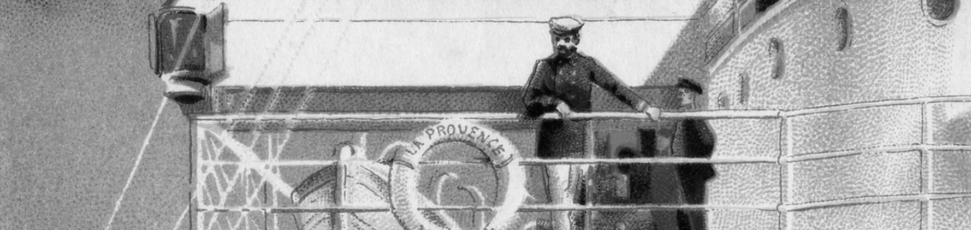 Détail d'une illustration de carte postale représentant un officier du paquebot La Provence accoudé à une rambarde sur le pont promenade.