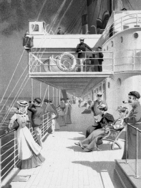 Illustration sur une carte postale représentant des passagers sur le pont du paquebot La Provence (1906).