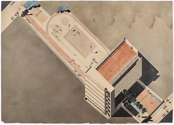 Dessin aquarellé d'un projet de palais des sports pour Saint-Nazaire vu du ciel. Le dessin représente un immeuble auquel est collée une piste de sport.