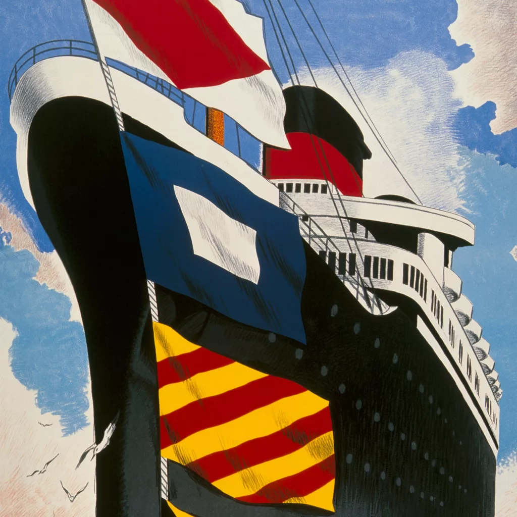 Détail d'une affiche de communication de la Compagnie Générale Transatlantique représentant trois pavillons d'un grand pavois tendu devant la proue du paquebot Liberté (1950).