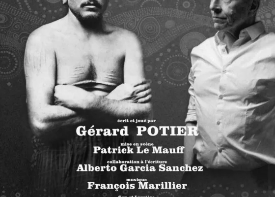 Affiche en noir et blanc d'une lecture sur la vie de Narcisse Pelletier avec une photographie de Narcisse Pelletier et une deuxième photographie du comédien Gérard Potier.