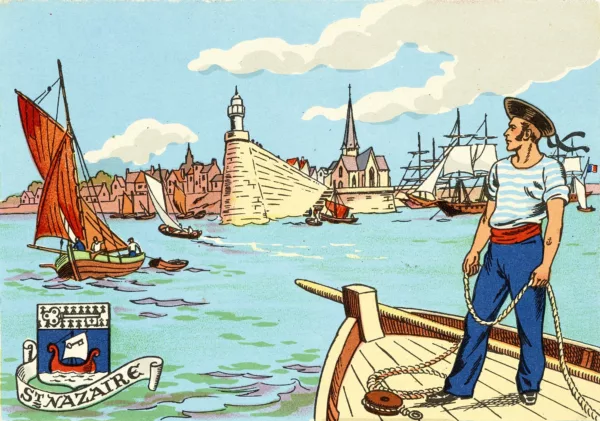 Carte postale illustrée en couleur représentant un marin sur le pont d'une embarcation devant la jetée du Vieux môle avec le vieux Saint-Nazaire en arrière-plan.