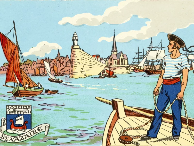 Carte postale illustrée en couleur représentant un marin sur le pont d'une embarcation devant la jetée du Vieux môle avec le vieux Saint-Nazaire en arrière-plan.