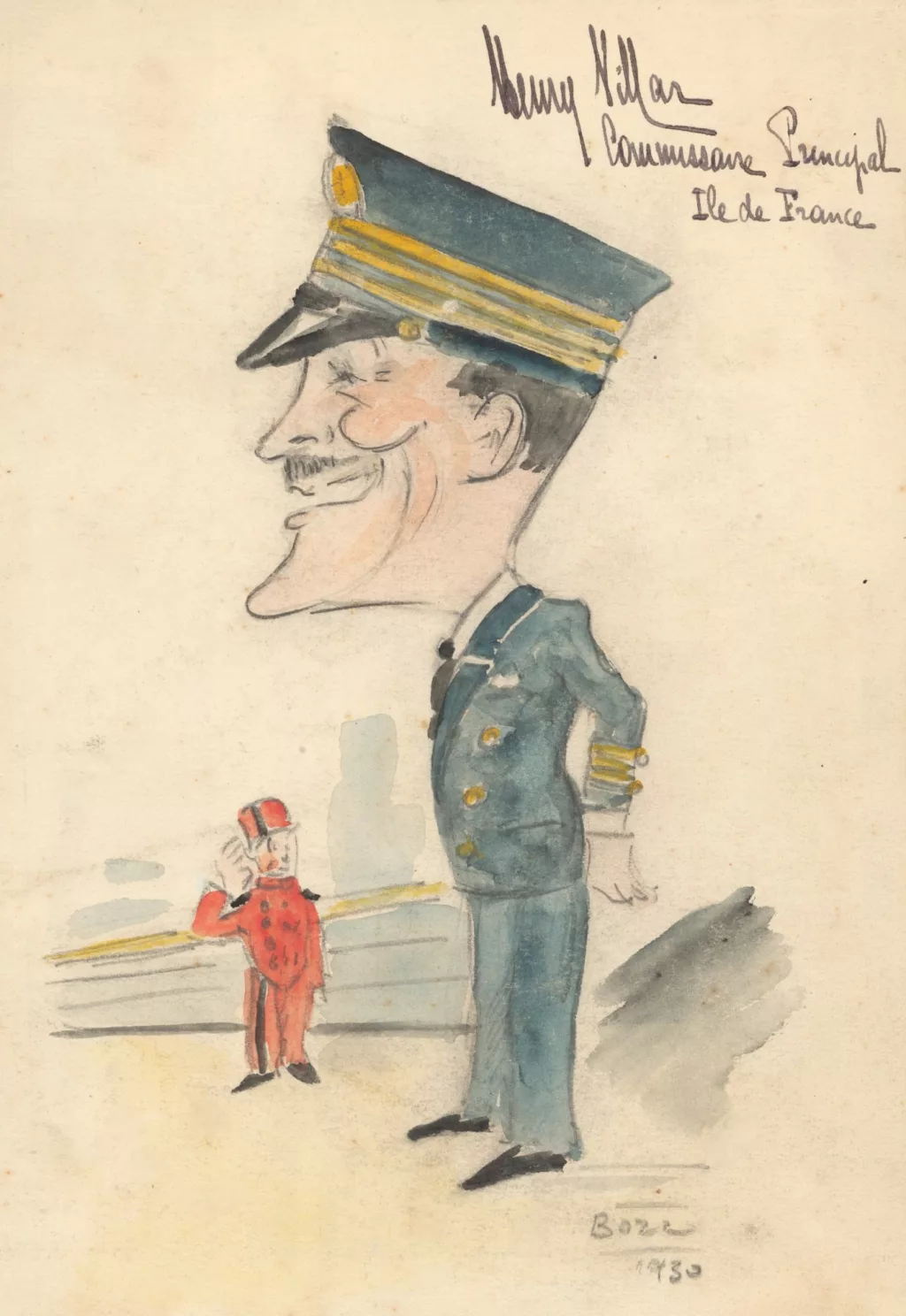 Caricature représentant le commissaire principal Henry Villar et un groom à bord du paquebot Ile-de-France (1927).