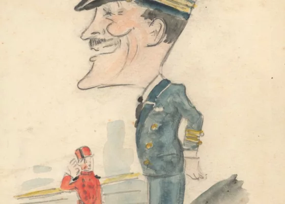 Caricature représentant le commissaire principal Henry Villar et un groom à bord du paquebot Ile-de-France (1927).