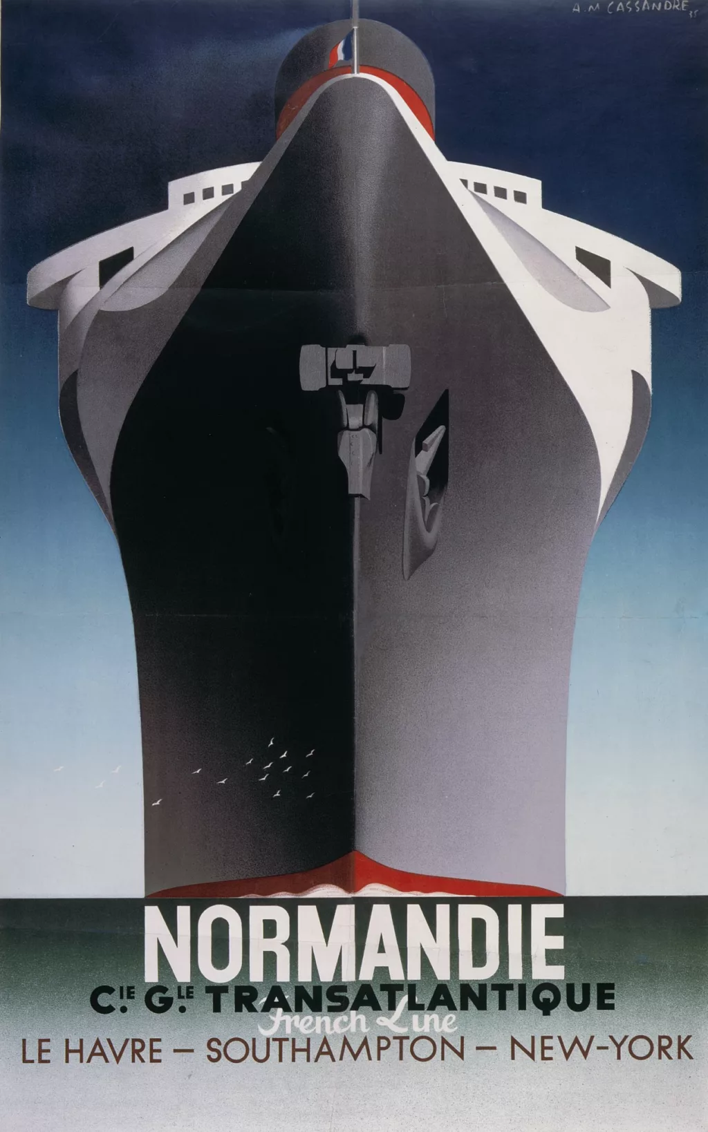 Affiche publicitaire de la Compagnie Générale Transatlantique représentant l'étrave du paquebot Normandie (1935).