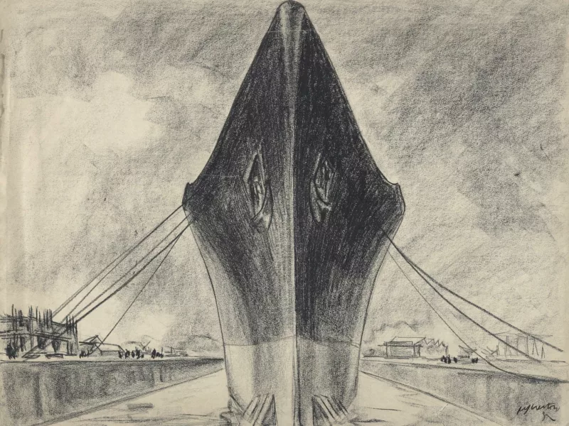 Dessin de René-Yves Creston au fusain représentant l'étrave du paquebot Normandie (1935) dans la forme-écluse Joubert, vers 1932.