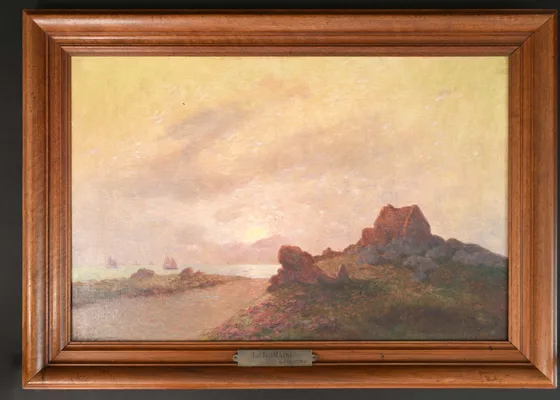 Tableau d'un paysage côtier au coucher de soleil par le peintre Ferdinand Loyen du Puigaudeau.