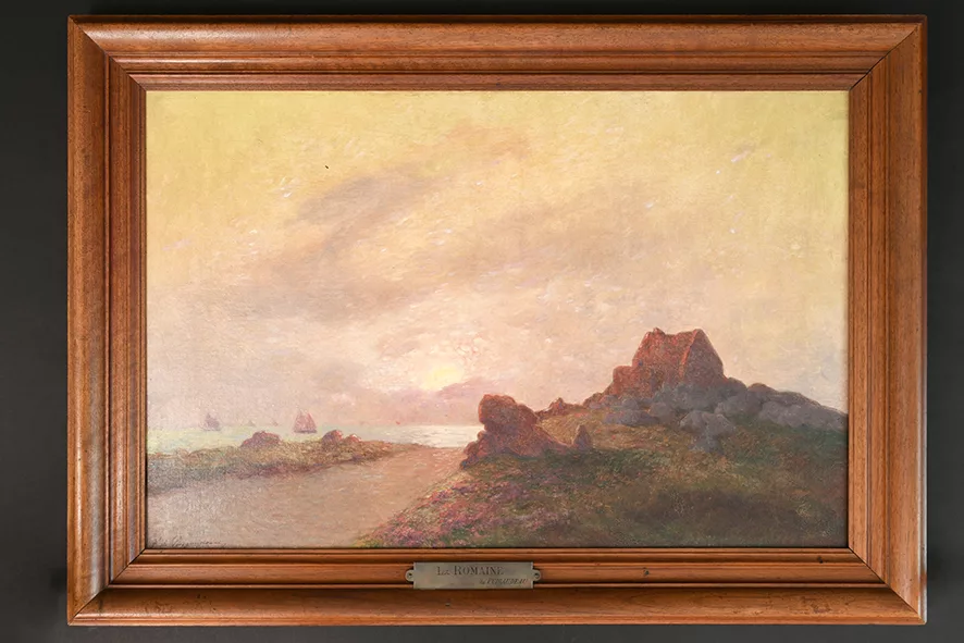 Tableau d'un paysage côtier au coucher de soleil par le peintre Ferdinand Loyen du Puigaudeau.