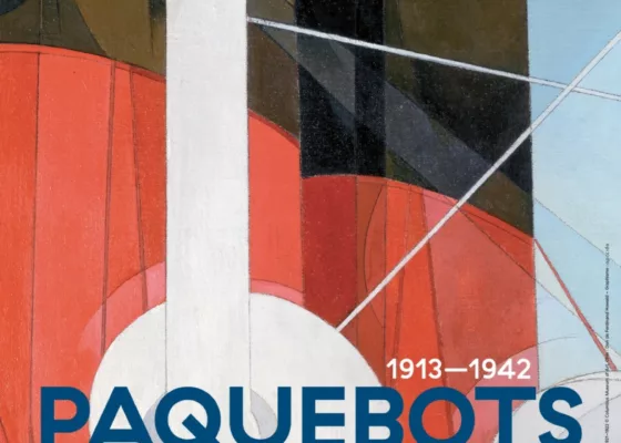 Affiche de l'exposition "Paquebots 1913-1942. Une esthétique transatlantique" faite à partir d'une peinture de Charles Demuth représentant deux cheminées d'un paquebot de la Compagnie Générale Transatlantique.