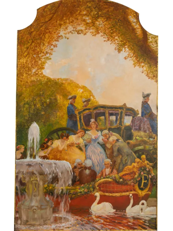 Huile sur toile de Gaston La Touche dans des tons automnaux, représentant une princesse descendant de son carrosse, accompagnée par sa suite et s'apprêtant à monter à bord d'une embarcation sur un bassin où nagent trois cygnes.