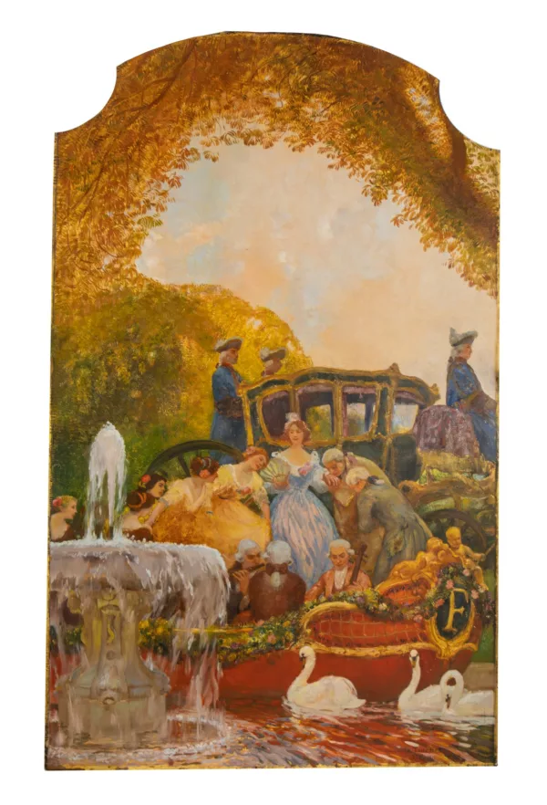 Huile sur toile de Gaston La Touche dans des tons automnaux, représentant une princesse descendant de son carrosse, accompagnée par sa suite et s'apprêtant à monter à bord d'une embarcation sur un bassin où nagent trois cygnes.