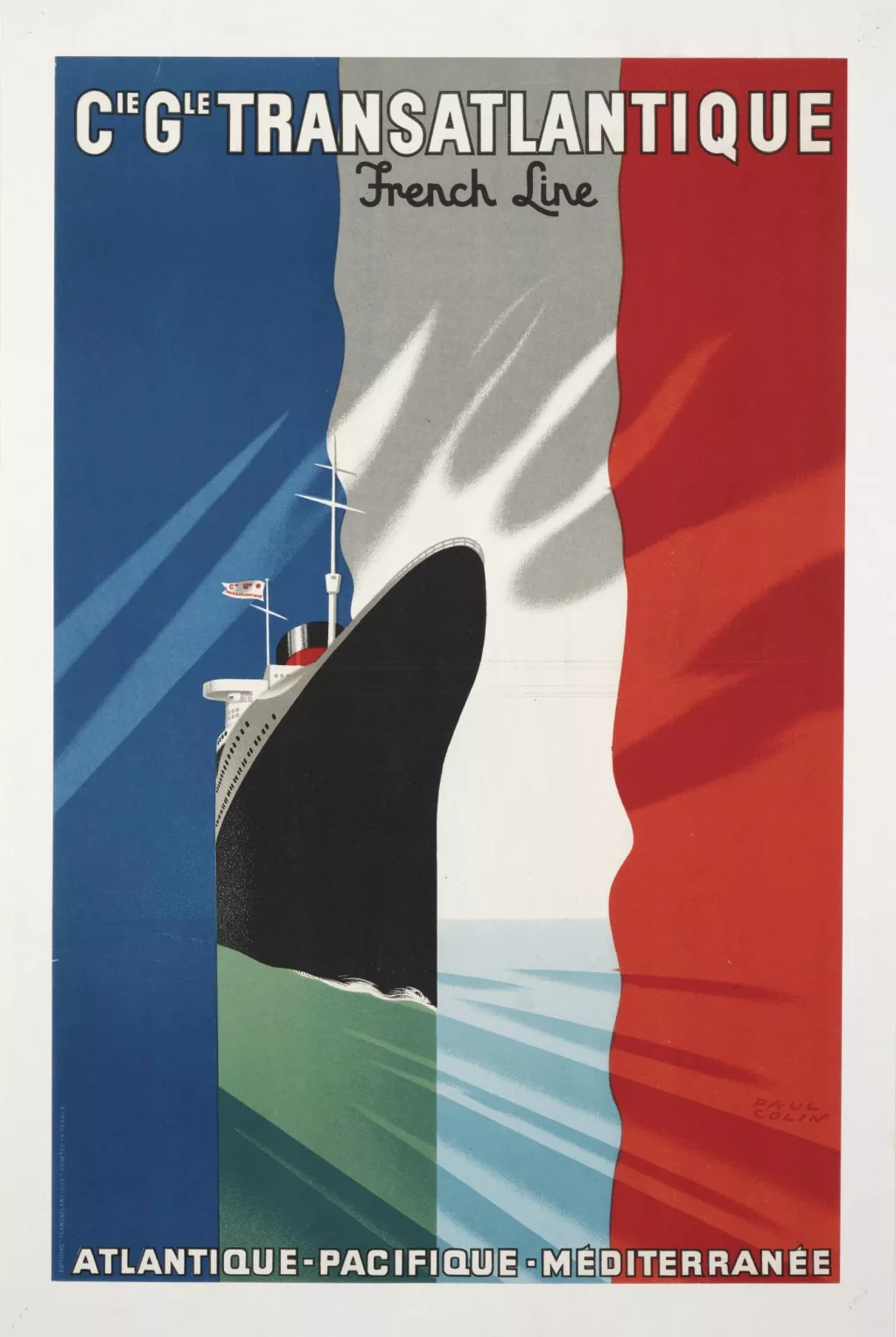 Sur cette affiche, le paquebot Normandie (1935) est représenté en mer, de trois-quarts tribord, sur un fond tricolore symbolisant le drapeau de la France.