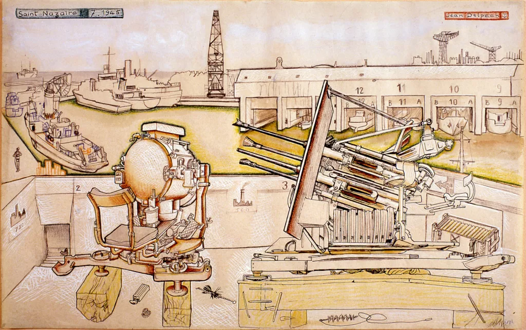 Dessin colorié et aquarellé de Jean Delpech représentant une vue du bassin de Saint-Nazaire etde la base sous-marine depuis le toit-terrasse de l'écluse fortifiée, en juillet 1945.