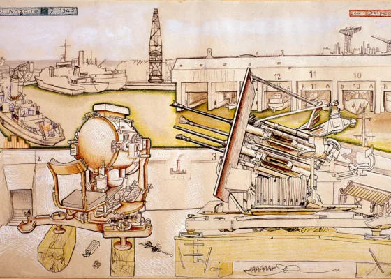 Dessin colorié et aquarellé de Jean Delpech représentant une vue du bassin de Saint-Nazaire etde la base sous-marine depuis le toit-terrasse de l'écluse fortifiée, en juillet 1945.