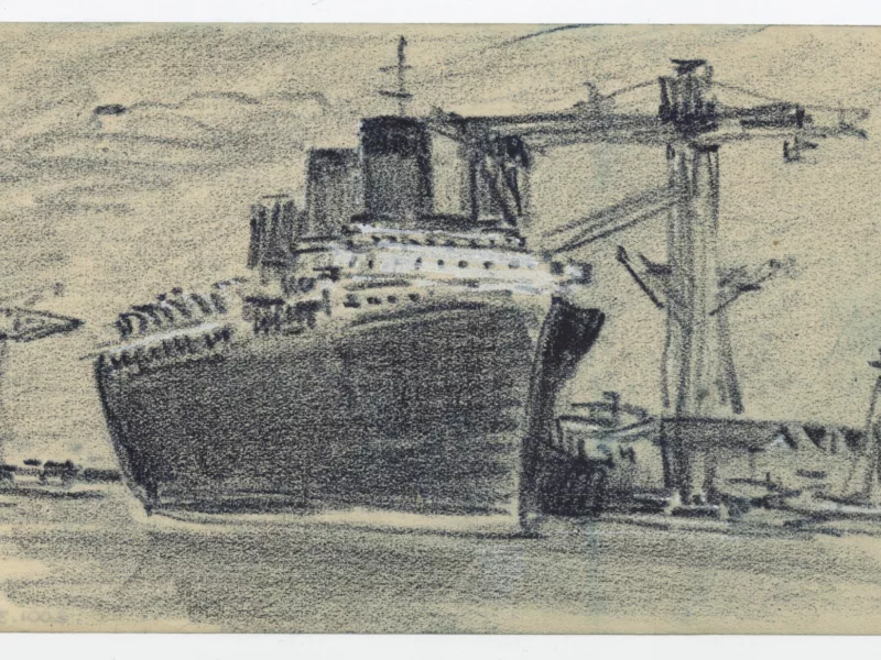 Dessin représentant le paquebot Normandie (1935) à quai, réalisé par Auguste Labouret.