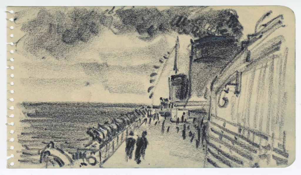 Dessin représentant le pont supérieur du paquebot Normandie (1935), réalisé à bord par Auguste Labouret.