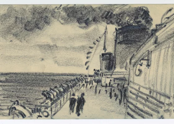 Dessin représentant le pont supérieur du paquebot Normandie (1935), réalisé à bord par Auguste Labouret.