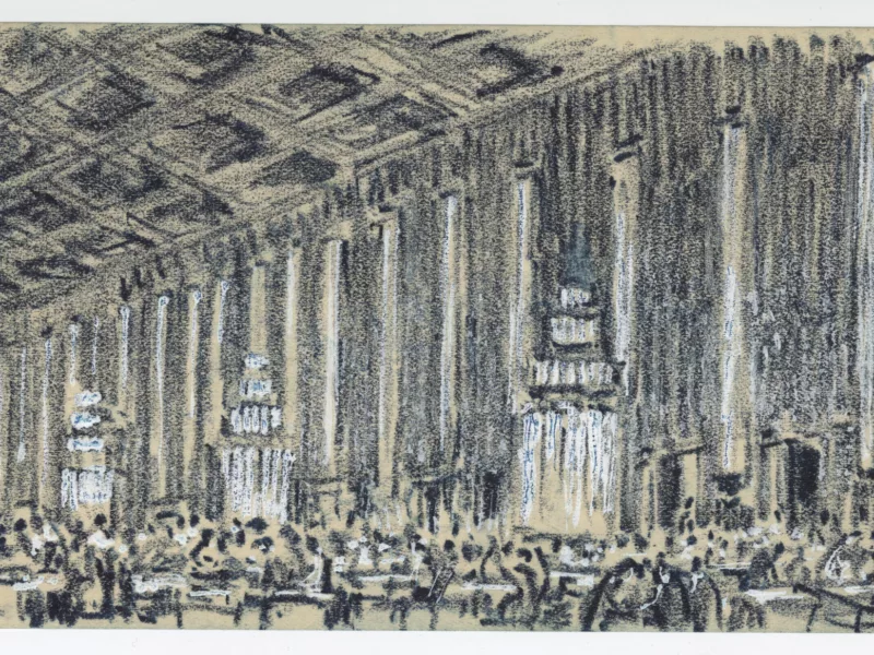 Dessin représentant la salle à manger première classe du paquebot Normandie (1935), réalisé à bord par Auguste Labouret.